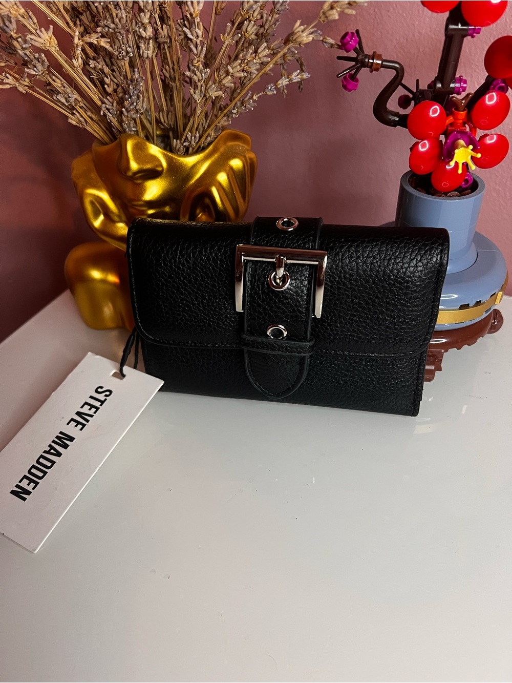 Steve Madden Black Pebbled Leather Buckle Wallet